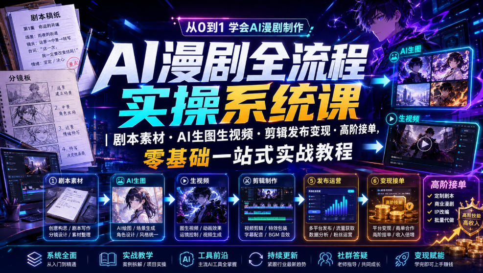AI漫剧全流程实操系统课｜剧本素材・AI生图生视频・剪辑发布变现・高阶接单，零基础一站式实战教程(更新1027)-轻资本网