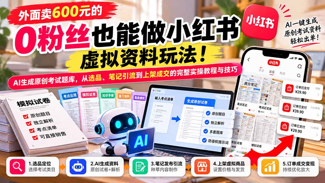 外面卖600元的 零粉丝也能做小红书虚拟资料玩法！AI生成原创考试题库，从选品、笔记引流到上架成交的完整实操教程-轻资本网