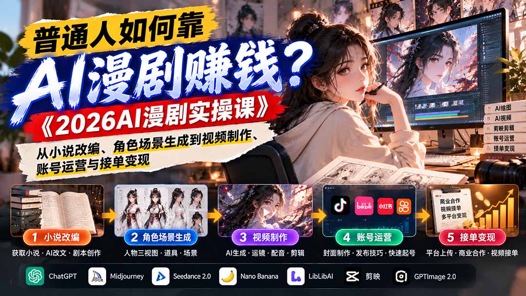 普通人如何靠AI漫剧赚钱？《2026AI漫剧实操课》从小说改编、角色场景生成到视频制作、账号运营与接单变现-轻资本网