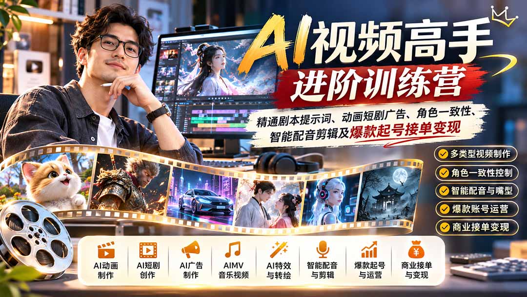 AI视频高手进阶训练营：精通剧本提示词、动画短剧广告、角色一致性、智能配音剪辑及爆款起号接单变现-轻资本网
