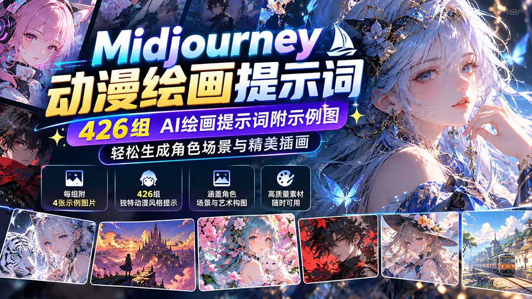 Midjourney动漫绘画提示词：426组AI绘画提示词附示例图，轻松生成角色场景与精美插画-轻资本网