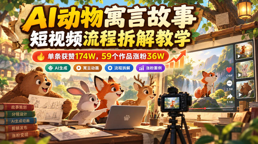 AI动物寓言故事短视频流程拆解教学，单条获赞174W，59个作品涨粉36W-轻资本网