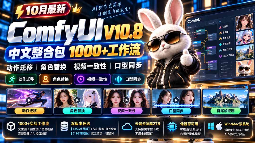 10月最新ComfyUI V10.8中文整合包 1000+工作流 动作迁移 角色替换 视频一致性 口型同步 低显存可用-轻资本网