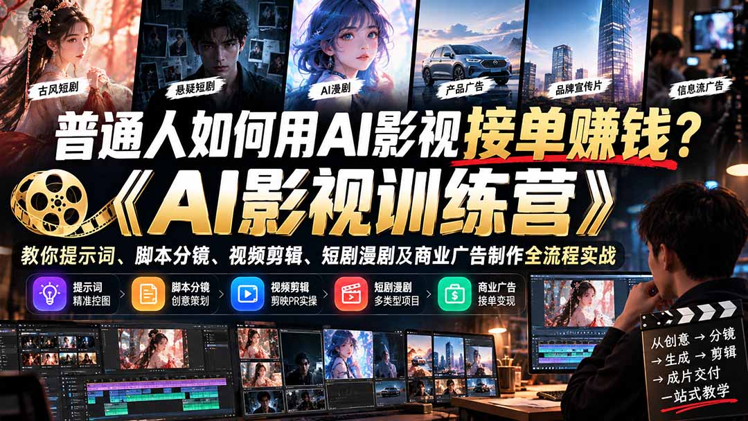 普通人如何用AI影视接单赚钱？《AI影视训练营》教你提示词、脚本分镜、视频剪辑、短剧漫剧及商业广告制作全流程实战-轻资本网