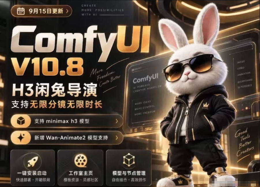 ComfyUI V10.8中文整合包，H3闲兔导演，支持无限分镜无限时长，1000+工作流，动作迁移，角色替换，视频一致性，口型同步，低显存可用-轻资本网