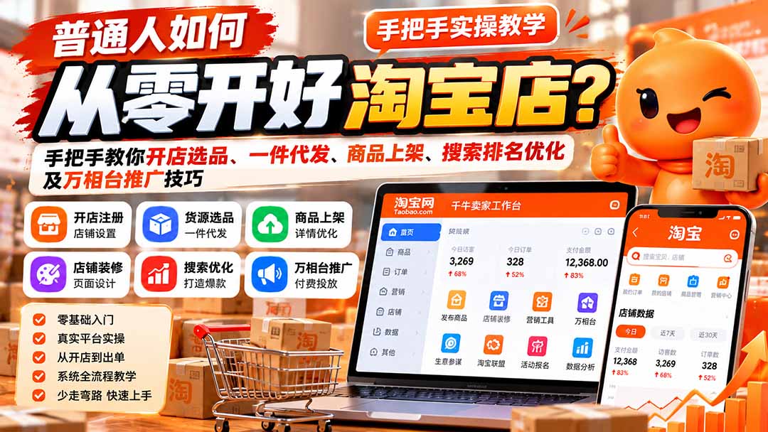 普通人如何从零开好淘宝店？手把手教你开店选品、一件代发、商品上架、搜索排名优化及万相台推广技巧-轻资本网