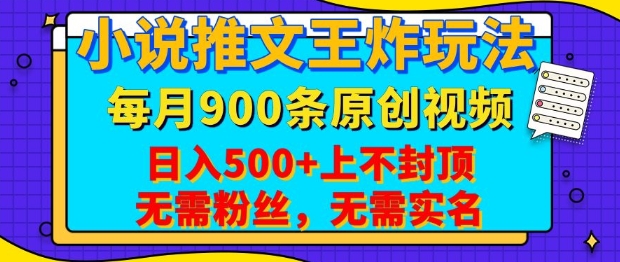 小说推文王炸玩法，一键代发，每月最多领900条原创视频，播放量收益日入5张，无需粉丝，无需实名【揭秘】-轻资本网