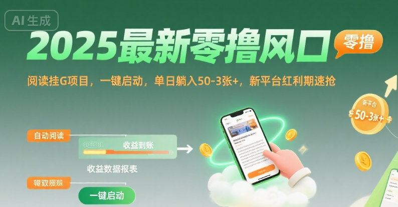 2025最新零撸风口，阅读挂G项目，一键启动，单日躺入 50-3张+，新平台红利期速抢【揭秘】-轻资本网