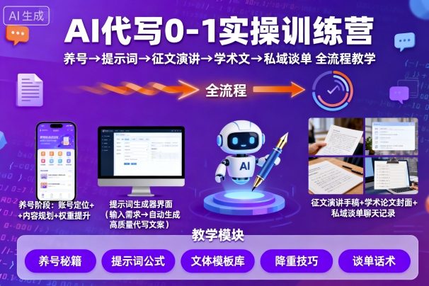 AI代写0-1实操训练营，从养号、提示词、征文演讲、学术文，到私域谈单的全流程教学-轻资本网