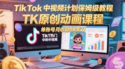 TikTok中视频计划保姆级教程，TK原创动画课程，单账号月收益4k美刀-轻资本网