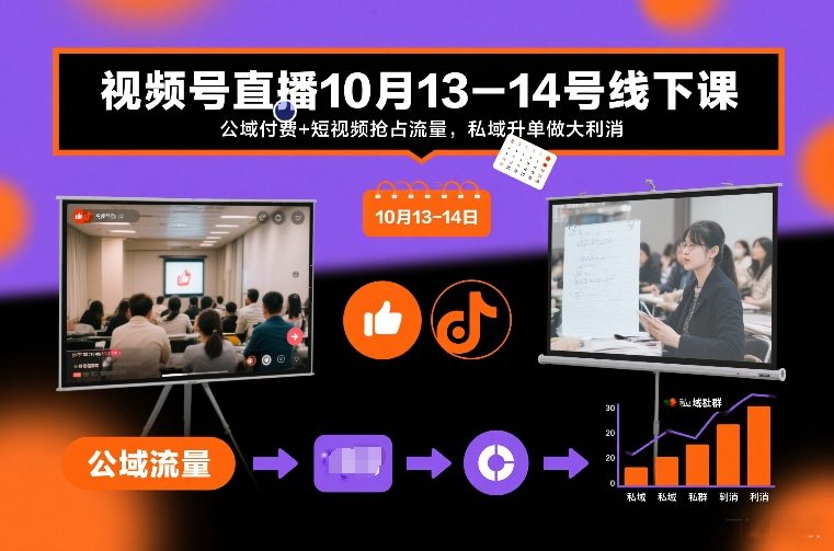 视频号直播10月13-14号线下课，公域付费+短视频抢占流量，私域升单做大利消-轻资本网