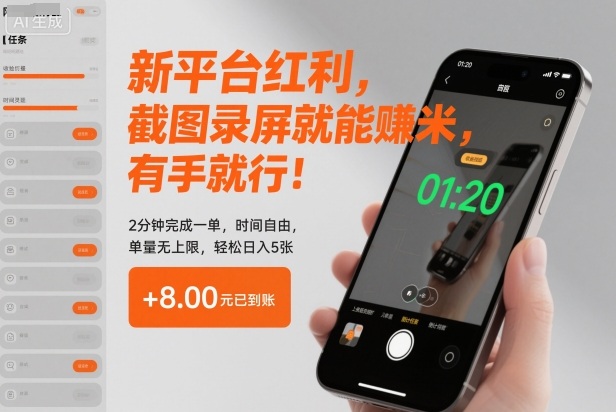 新平台红利，截图录屏就能賺米，有手就行！2分钟完成一单，时间自由，单量无上限，轻松日入5张【揭秘】-轻资本网