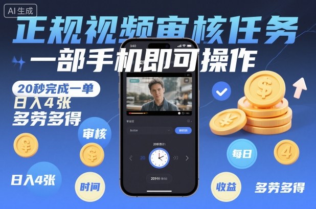 正规视频审核任务，一部手机即可操作，20秒完成一单，日入4张，多劳多得【揭秘】-轻资本网