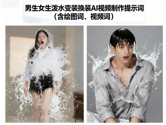 男生女生泼水变装换装AI视频制作提示词(含绘图词、视频词)-轻资本网