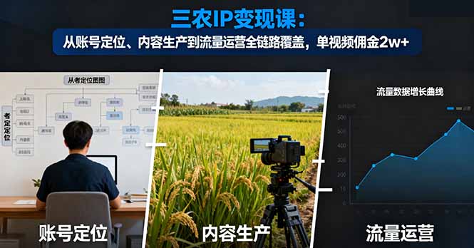 三农IP变现课：从账号定位、内容生产到流量运营全链路覆盖，单视频佣金2w+-轻资本网