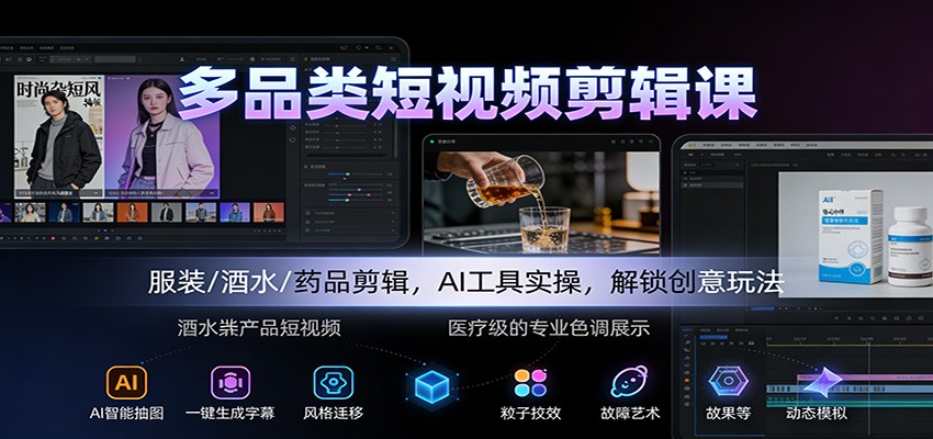 多品类短视频剪辑课：服装/酒水/药品剪辑，AI工具实操，解锁创意玩法-轻资本网