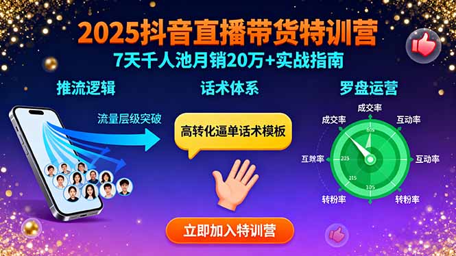 2025抖音直播带货特训：推流逻辑、话术体系、罗盘运营,7天千人池月销20万+-轻资本网