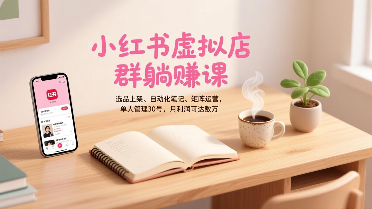 小红书虚拟店群躺赚课，选品上架、自动化笔记、矩阵运营，单人管理30号，月利润可达数万-轻资本网