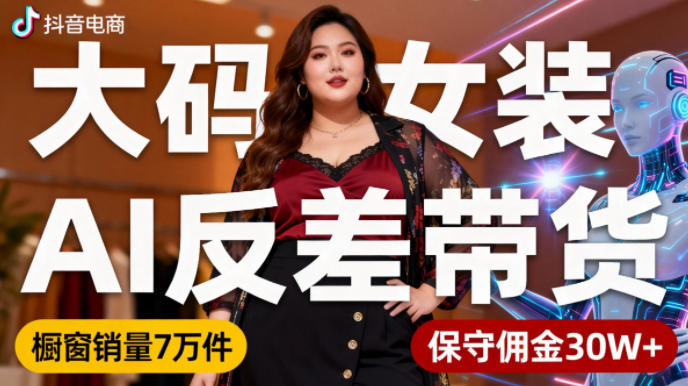 抖音小众赛道，大码女装AI反差带货，不用直播，每天6条作品，橱窗卖7万件，保守佣金30W+-轻资本网