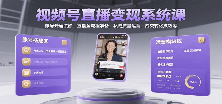 视频号直播变现系统课，账号开通装修、直播全流程准备、私域流量运营、成交转化技巧等-轻资本网
