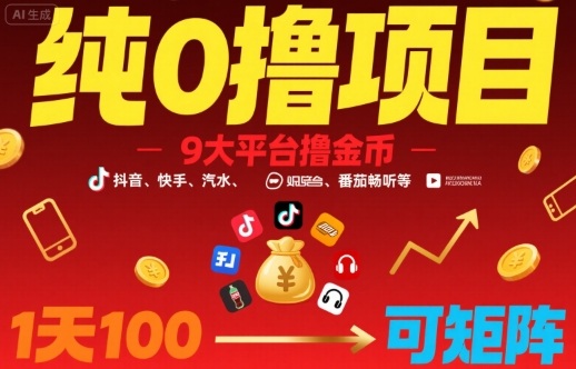 纯0撸项目，9大平台撸金币，抖音，快手，汽水，番茄畅听等，1天100，可矩阵-轻资本网