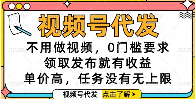 视频号代发，不用做视频，0门槛要求，领取发布就有收益，单价高，任务没有无上限【揭秘】-轻资本网