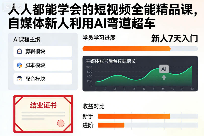 人人都能学会的短视频全能精品课，自媒体新人利用AI弯道超车-轻资本网