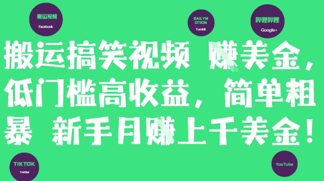 搬运搞笑视频挣美金，低门槛高收益，简单粗暴新手月入上千美刀-轻资本网