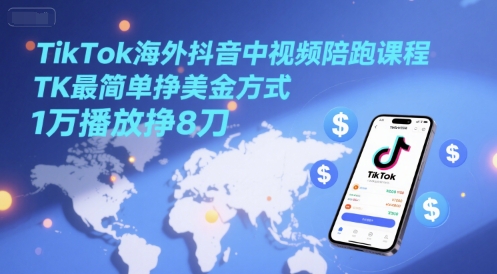 TikTok海外抖音中视频陪跑课程，TK最简单挣美金方式，1万播放挣8刀-轻资本网