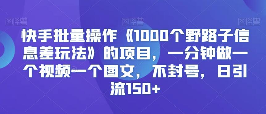 快手批量操作《1000个野路子信息差玩法》的项目，一分钟做一个视频一个图文，不封号，日引流150+【揭秘】-轻资本网