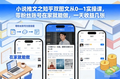 小说推文之知乎双图文从0—1实操课，零粉丝账号在家就能做，一天收益几张-轻资本网