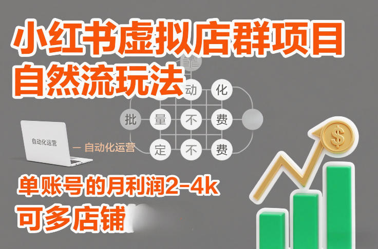 小红书虚拟店群项目，自然流玩法，批量自动化，稳定不费号，单账号的月利润2-4k，可多店矩阵-轻资本网