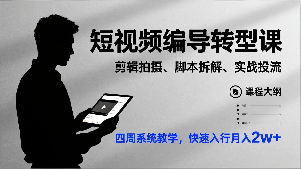 短视频编导转型课，剪辑拍摄、脚本拆解、实战投流，四周系统教学，快速入行月入2w+-轻资本网