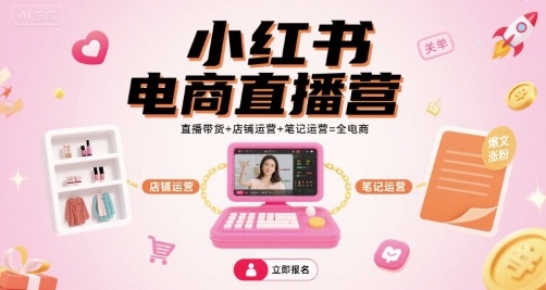 小红书电商直播营，直播带货+店铺运营+笔记运营=全电商-轻资本网