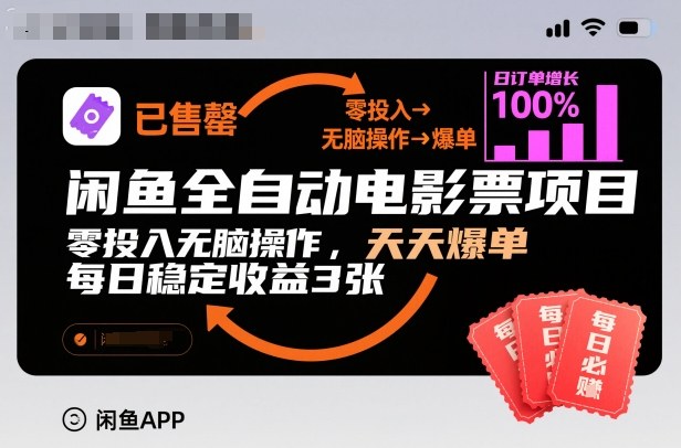 闲鱼全自动电影票项目，零投入无脑操作，天天爆单，每日稳定收益3张【揭秘】-轻资本网
