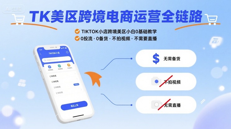 TK美区跨境电商运营全链路，TIKTOK小店跨境美区小白0基础教学，0投流0备货不拍视频不需要直播-轻资本网