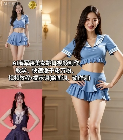 AI海军装美女跳舞视频制作教学，快速涨千粉万粉，视频教程+提示词(绘图词、动作词)-轻资本网