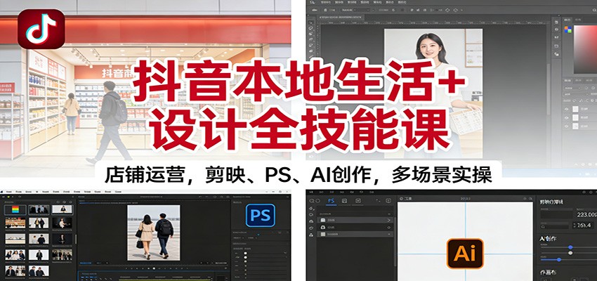 抖音本地生活+设计全技能课：店铺运营，剪映、PS、AI创作，多场景实操-轻资本网