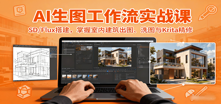 AI生图工作流实战课：SD/Flux搭建，掌握室内建筑出图、洗图与Krita精修-轻资本网