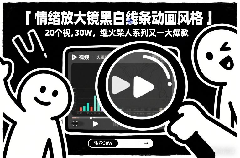 情绪放大镜黑白线条动画风格，20个视频，涨粉30W，继火柴人系列又一大爆款-轻资本网