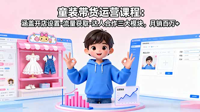 童装带货运营课程：涵盖开店设置-流量获取-达人合作三大模块，月销百万+-轻资本网