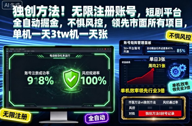 独创方法！无限注册账号，短剧平台全自动掘金，不惧风控，领先市面所有项目，单机一天3张【揭秘】-轻资本网