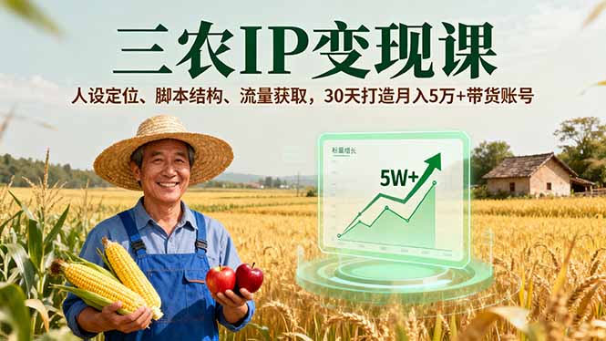 三农IP变现课，人设定位、脚本结构、流量获取，30天打造月入5万+带货账号-轻资本网
