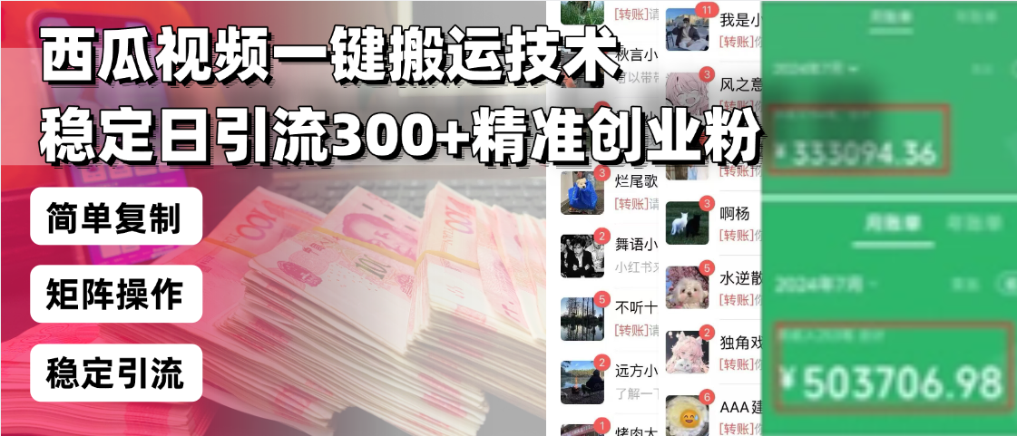 西瓜视频一键搬运技术，稳定日引流300+精准创业粉，简单可复制给团队，…-轻资本网