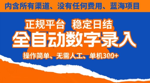 全自动数字录入，单机日入3张+，内含所有渠道全程免费零成本，操作简单可矩阵开干【揭秘】-轻资本网