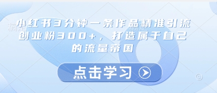 小红书3分钟一条作品精准引流创业粉300+，打造属于自己的流量帝国-轻资本网