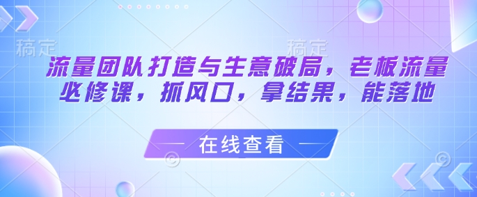 流量团队打造与生意破局，老板流量必修课，抓风口，拿结果，能落地-轻资本网