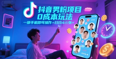 抖音男粉项目0成本玩法，一部手机即可操作，日均4张+，时间自由-轻资本网