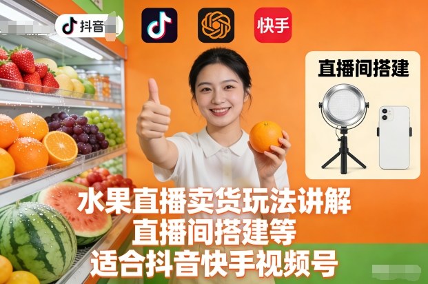 水果直播卖货玩法讲解、直播间搭建等，适合抖音快手视频号-轻资本网