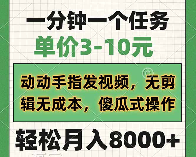 一分钟一个任务，单价3-10元，动动手指发视频，无剪辑无成本，傻瓜式操…-轻资本网